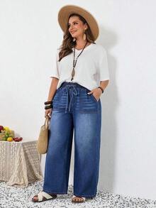 Tall CURVE Pantalones vaqueros de talla grande para mujer de primavera y verano con cintura con cordón, bolsillos, pierna ancha, sueltos, cómodos, elásticos y de tela vaquera con estiramiento - Azul lavado oscuro - Ver 6
