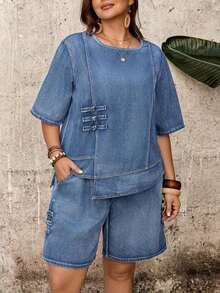 Mature Denim Conjunto informal de 2 piezas de talla grande para mujer con top de cuello redondo y mangas al codo, y shorts con bolsillo de mezclilla - Azul lavado medio - Ver 4