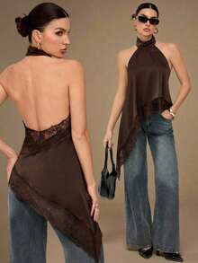 2026 Tall Backless Camisole Top With Elegant Lace Trim, Sexy Patchy Satin Sleeveless Blouse For Parties, Cocktails, Formal Occasions, Christmas, Business Casual - 棕色 - 查看 1