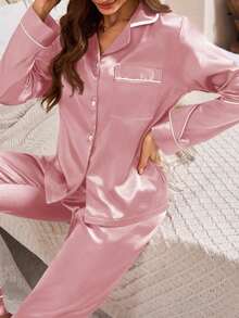 Moireta Conjunto de pijama de top de satén con cuello de solapa y botones con ribete de contraste y pantalones, detalles acogedores y elegantes, ropa de otoño e invierno - Rosa - Ver 4