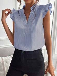 Blusa de mujer de verano casual con cuello con muesca a rayas y volantes en el bajo - Azul - Ver 4