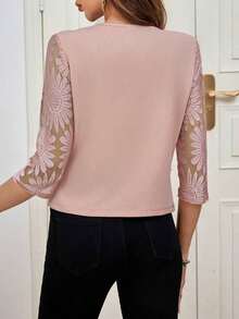 Chaqueta elegante de mujer con cuello redondo y parches de encaje de 3/4 de longitud en color rosa para otoño/invierno - Rosa - Ver 2