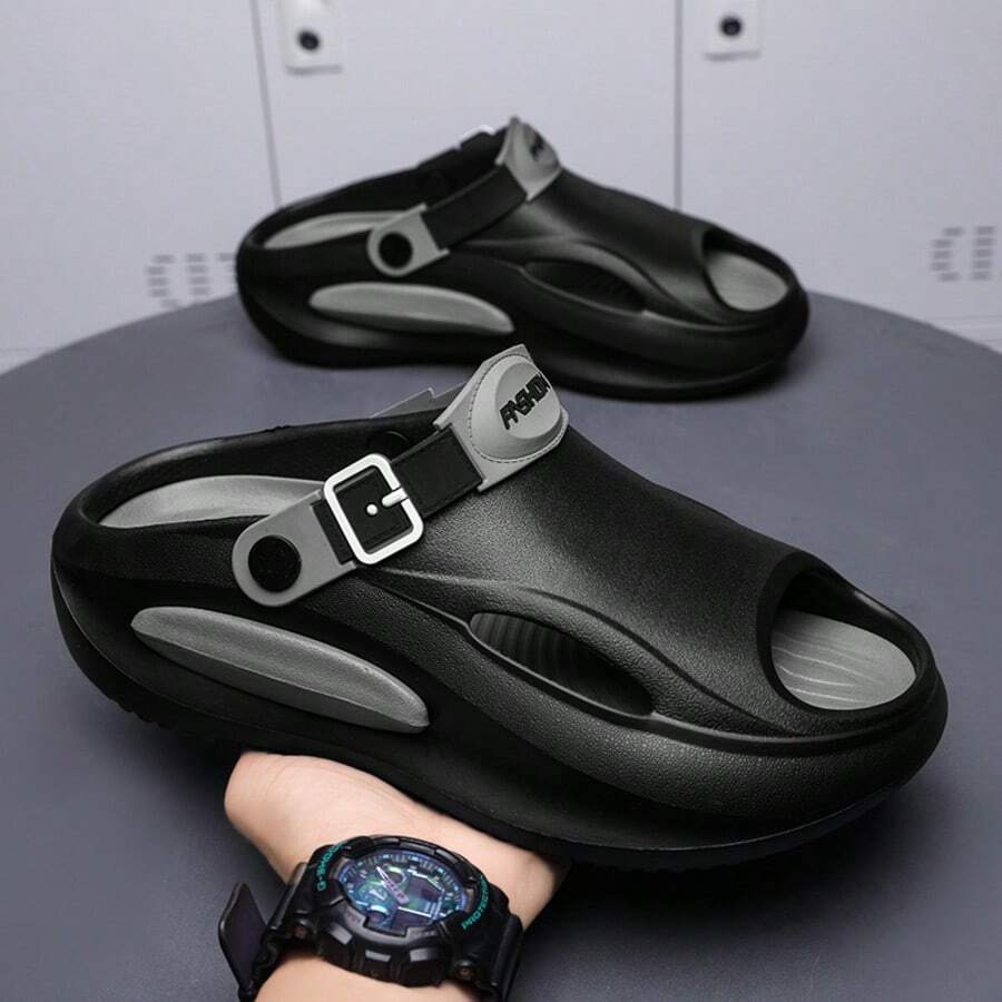 Men's Summer Sports Slip-On Sandals, Backless Slides, Beach Slippers, Breathable Sandals - Black and Gray - View 1