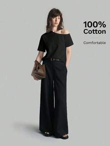 2026SS Nueva Blusa de Mujer de unicolor con Hombros Descubiertos, Uso Casual Diario, Camiseta de Manga Corta Holgada, Blusas de Verano para Mujer, Casual de Negocios, Vacaciones, Playa, Fiesta de Cumpleaños, Atuendo de Maestra, Regreso a Clases - Negro - Ver 5
