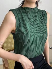 Blusas de tirantes de cuello alto de verano de tela con textura uniforme, casuales pero elegantes - Verde Oscuro - Ver 6