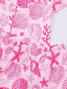 Set de 2 piezas de pijama para mujer con estampado de conchas marinas, top de manga corta con cuello y pantalones cortos de cintura elástica, conjunto de ropa de estar en casa elegante para vacaciones, fiestas y uso casual - Rosa - Ver 6