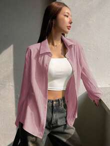 Camisa de mujer de manga larga de unicolor casual, para primavera y otoño, blusas de manga larga estilo Y2K, ropa de mujer de otoño - Rosa - Ver 4