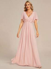 Elegante vestido de dama de honor de gasa con cuello en V, mangas con volantes bordados y plisados, vestido de noche formal para invitados de boda - Rosa - Ver 1