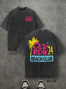 Camiseta Retro Lavada con Estampado de Doble Cara (Camiseta de 230 g de Algodón Puro) con Estampado de Letras 'OLD ROW BEACH CLUB' y Palmera, Camiseta para Hombre, Casual, Cómoda, a la Moda, Estilo Urbano, Algodón - Negro - Ver 9