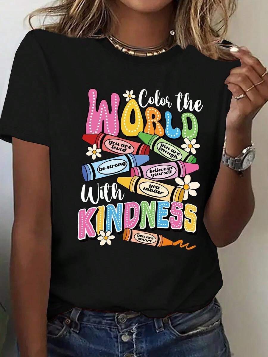 1 pieza de Playera de manga corta 100% algodón, cuello redondo casual con estampado, moda manga corta transpirable para uso diario - Negro - Ver 1
