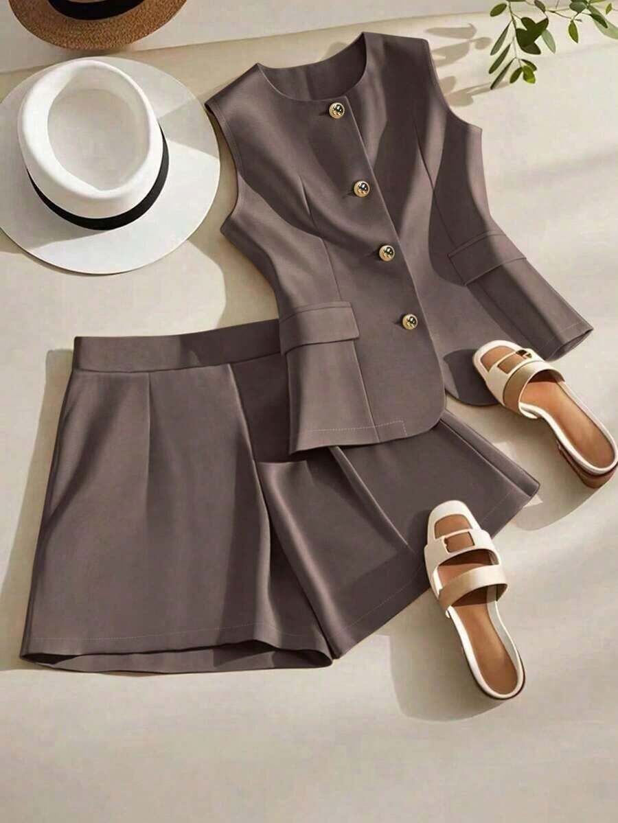 Set de 2 piezas de diseño minimalista casual con cuello redondo, sin mangas y botones delanteros de unicolor - Café integral - Ver 1