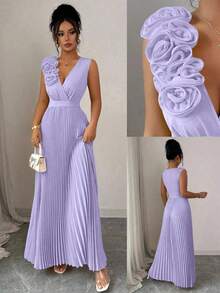 Vestido elegante de línea A con escote en V, cintura ceñida y parches florales en color amarillo crema para mujer, de verano - Morado - Ver 1