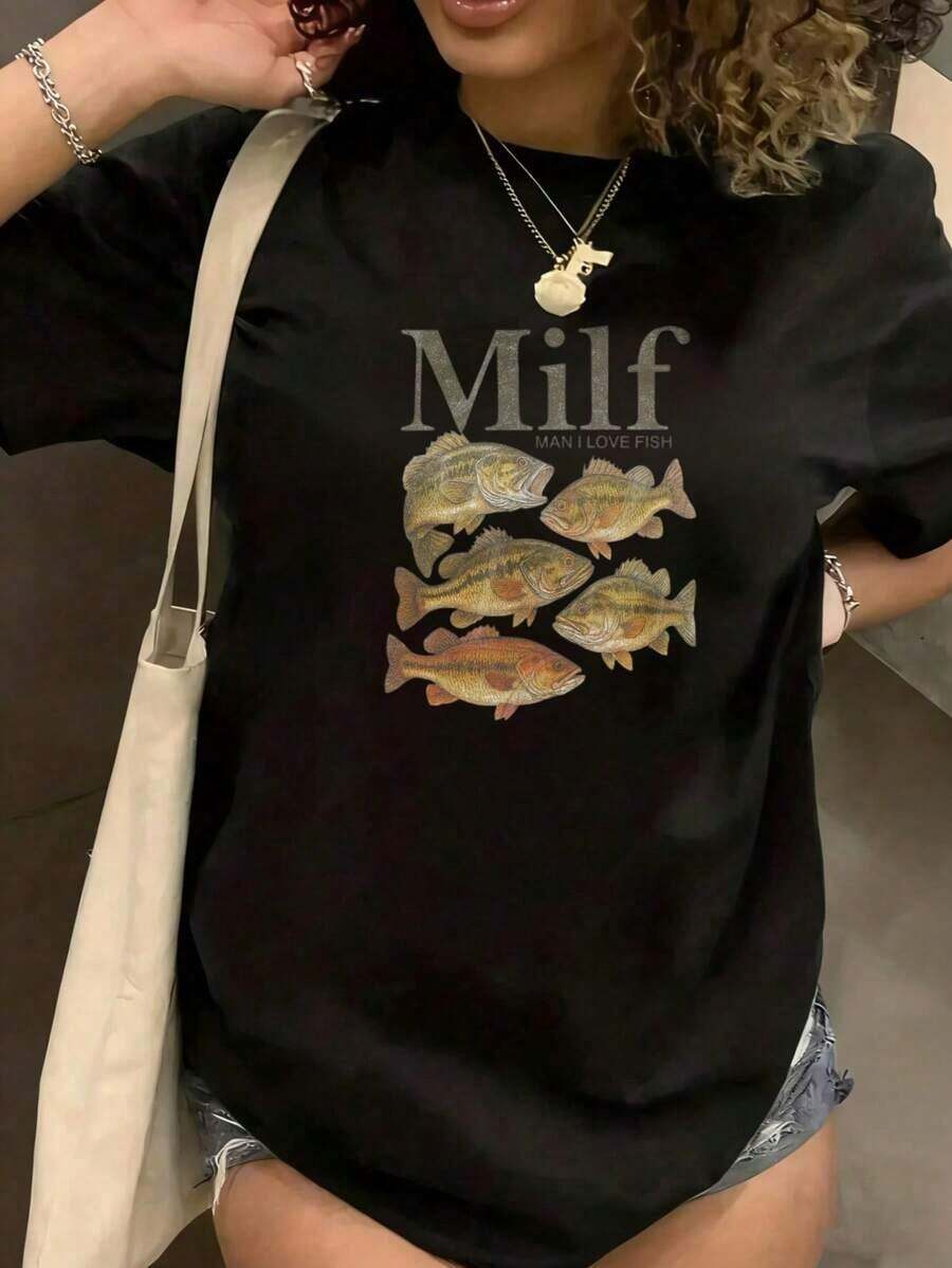 Camiseta Casual Estampada de Manga Corta con Cuello Redondo para Mujer, Camiseta Gráfica "Milf Man I Love Fish" para Mujer, Camiseta Casual de Manga Corta, Camiseta Divertida de Pesca Unisex Blanca con Diseño de Peces, Adecuada para Regalos de Vacaciones, Moda. - Negro - Ver 1