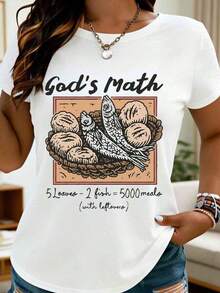 Women's Casual T-Shirt With A Religious Biblical Story Design Depicting The Miracle Of The Five Loaves And Two Fishes, Perfect For Everyday Wear In Spring And Summer, And A Great Gift For Friends And Family. Suitable As A Gift. Women's T-Shirt. Blouses > Elegant. Boho Chic. Soft, Breathable, And Comfortable Women's Top, Ideal For Spring, Summer, And Fall, Perfect For Vacations, Travel, And Everyday Wear. - 白色 - 查看 7