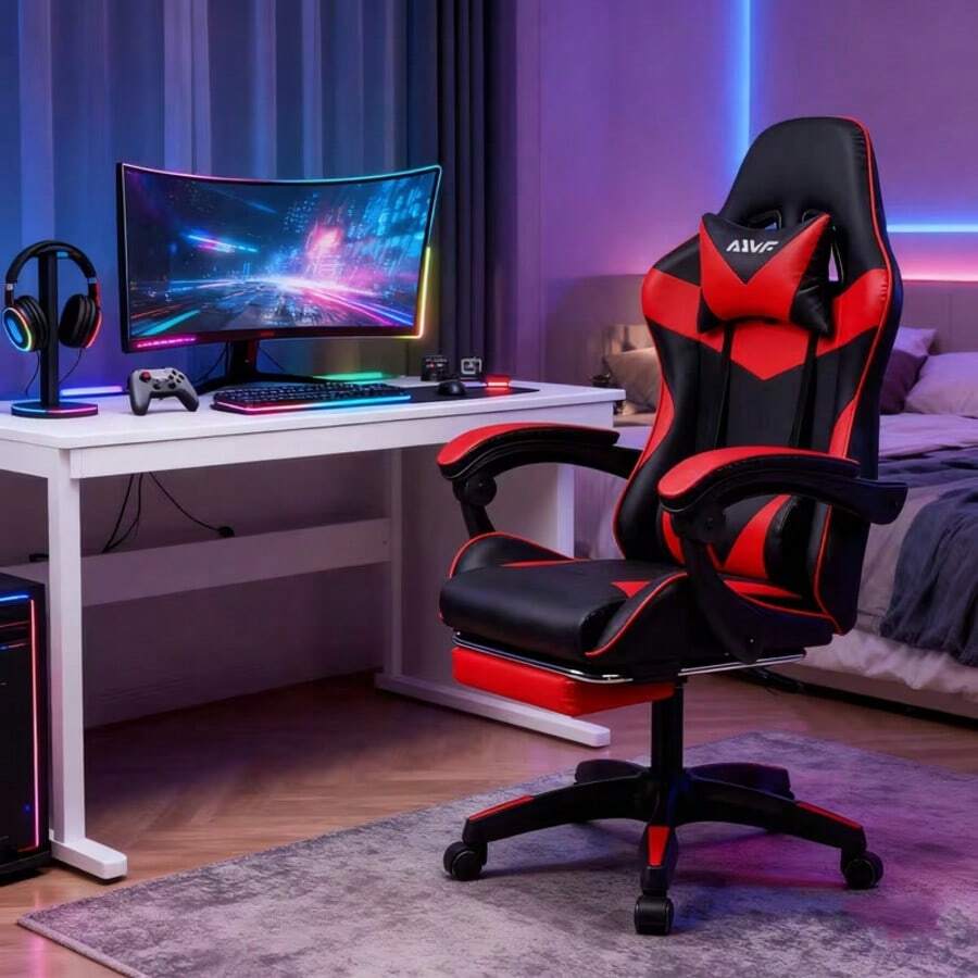 Space-Saving Gaming Chair, Suitable For Prolonged Office Use To Reduce Fatigue, With Head And Lumbar Support, Multi-Functional Adjustable Vanity Chair - Red - View 1