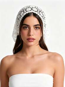 1 chiếc khăn trùm đầu ren móc hoa văn phong cách Bohemian, khăn vuông rỗng thủ công, khăn choàng tam giác kiểu Pháp cổ điển, phù hợp cho phụ nữ sử dụng hàng ngày và trong các dịp lễ. - trắng - Xem 2