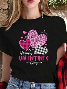Simple And Versatile Design Women's Red T-Shirt With Pink Leopard Print Hearts And Plaid, "Happy Valentine's Day" Aesthetic T-Shirt, Vibrant Dopamine Style Top For Valentine's Day, Festive Fashion Casual Blouse Cotton T-Shirt - 黑色 - 查看 6