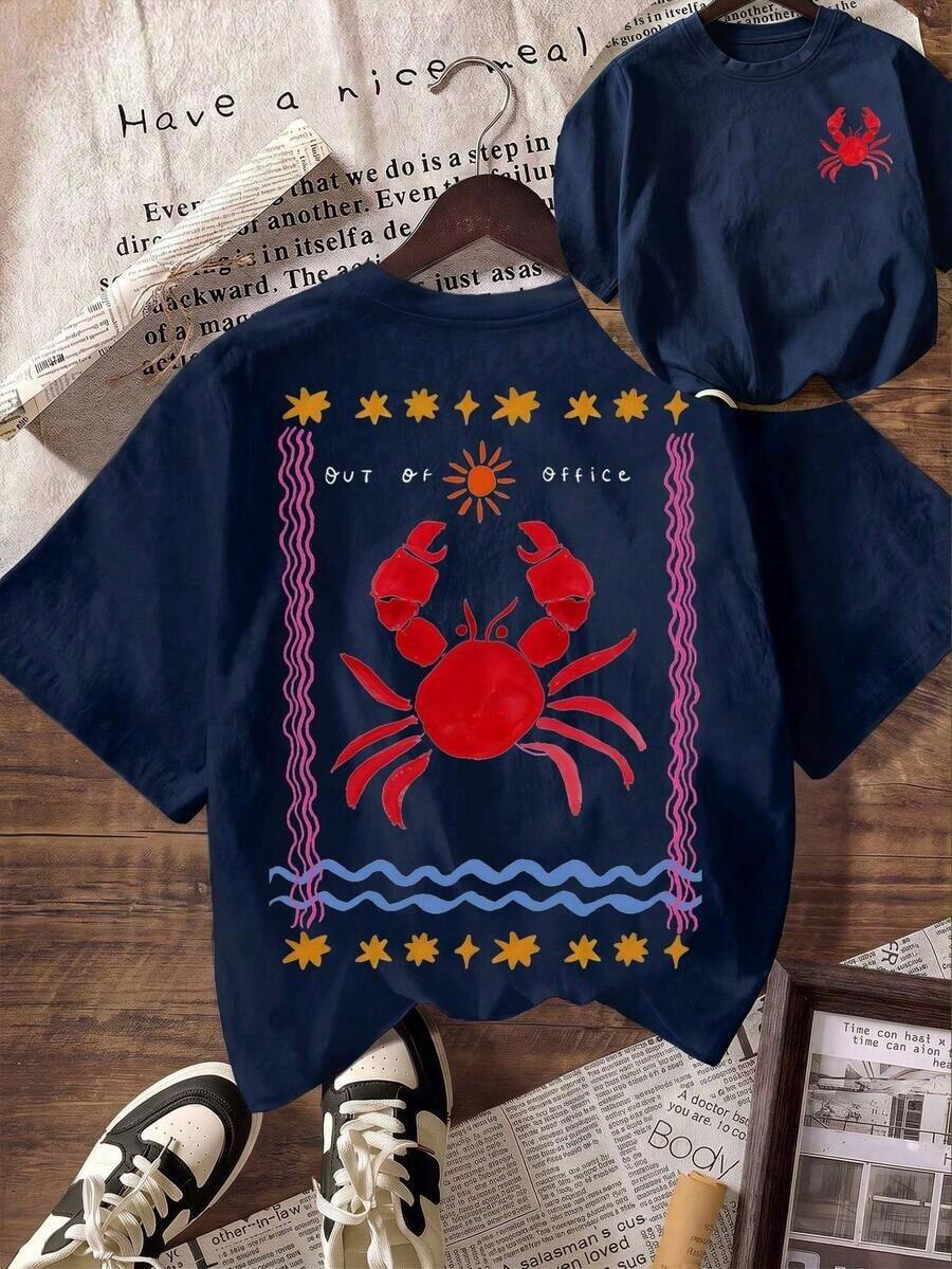 Camiseta con Estampado de Cangrejo "Out Of Office", Camiseta Casual de Manga Corta con Cuello Redondo para Mujer, Ropa de Playa para Vacaciones de Verano - Azul Marino - Ver 1