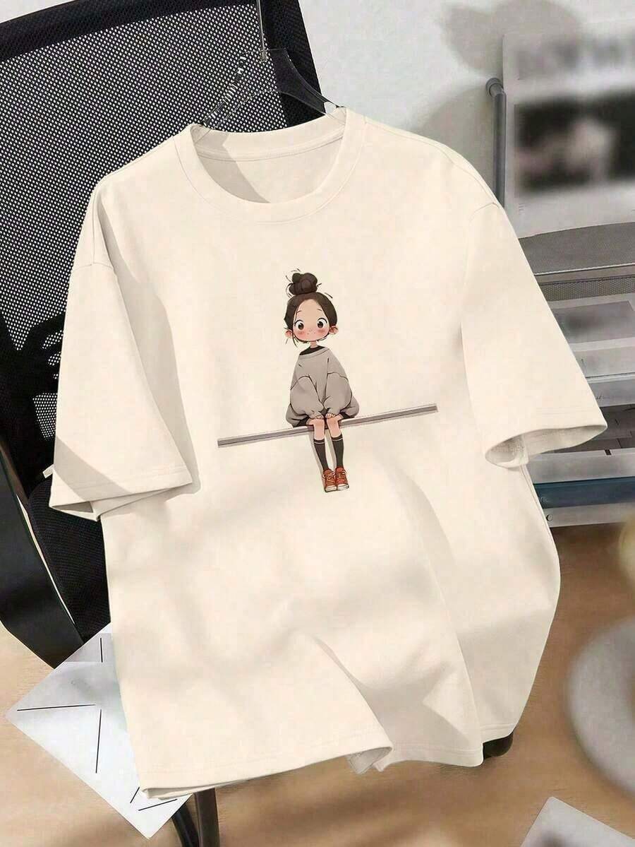 1 Piece, New Summer 2026 Collection, Women's Casual Fitted T-Shirt With Printed Image Of A Little Girl In A Padded Coat Sitting In A Chair, Summer Vintage Urban Style, Unisex Loose Fit Cotton Short Sleeve Round Neck T-Shirt, Sizes: S–7XL, 180g 100% Cotton. - White 1 - 查看 1