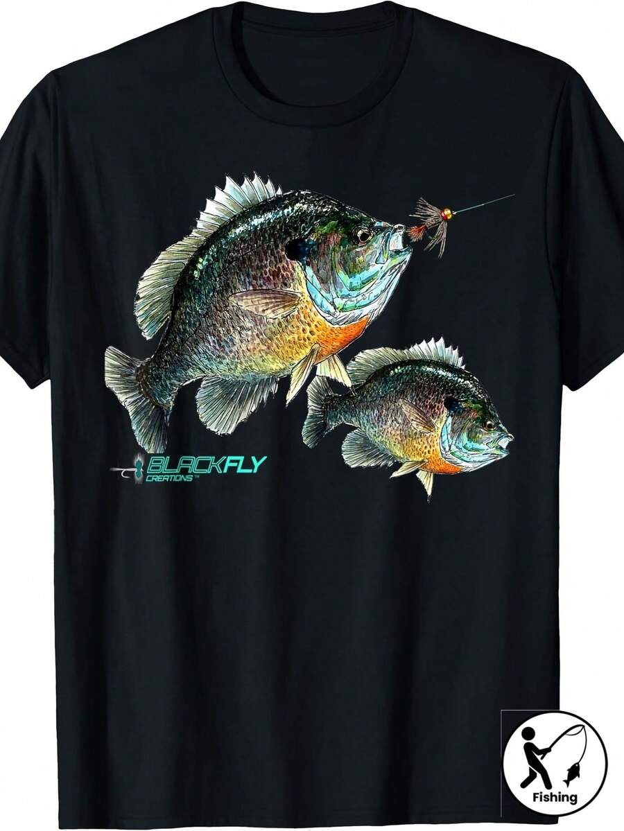 Blackfly Bluegill Sunfish Fishing T-Shirt, Lead Hook Design T-Shirt, Unisex Short Sleeve Printed T-Shirt For Summer 2025, 220g Pure Cotton - 黑色 - 查看 1