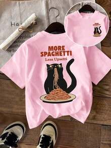 Plus Size White Casual T-Shirt With Round Neck, Printed With Cat Graphic "More Pasta, Less Stress" For Summer - 粉色 - 查看 4