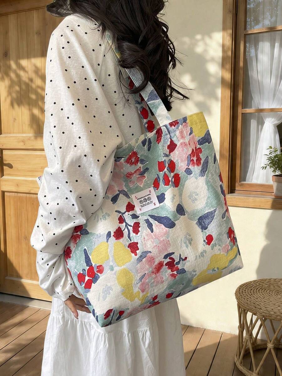 Large Capacity Floral Canvas Tote Bag, Rose Pattern Beach Bag Shoulder Bag, Summer