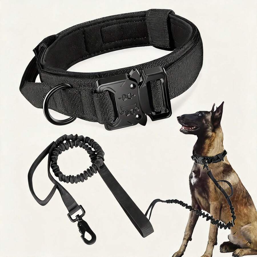 Tactical Dog Collar And Leash Set, Adjustable Military Training Nylon Dog Collar With Control Handle And Metal Buckle, Suitable For Medium And Large Dogs