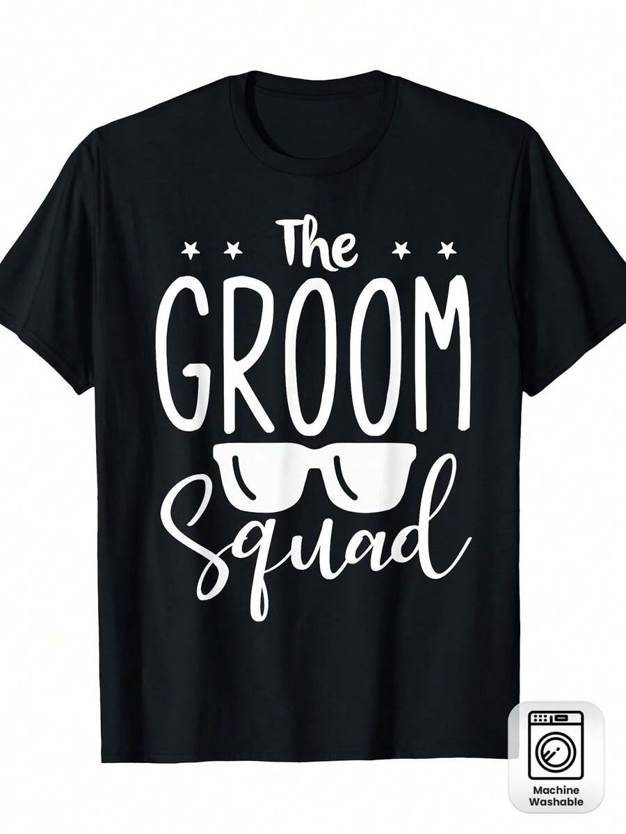 Camiseta para Hombre "Team Groom" - Camiseta Negra Casual con Patrón de Estrellas, Adecuada para Fiestas de Boda, Lavable a Máquina, Camisetas para Novios - Negro - Ver 1