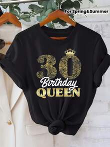 Sé tu propia reina a los treinta. Camiseta de manga corta para mujer con estampado de "Queen" para el 30º cumpleaños, cuello redondo, ideal para compras informales, regalos de cumpleaños, reuniones con amigos, fiestas de música y ropa de vacaciones. Estilo básico universal. - Negro - Ver 4