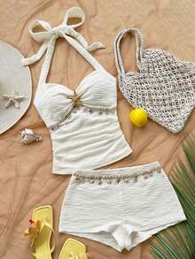 Conjunto de 2 piezas de top halter sin espalda y shorts, conjunto de ropa para vacaciones - Blanco - Ver 8