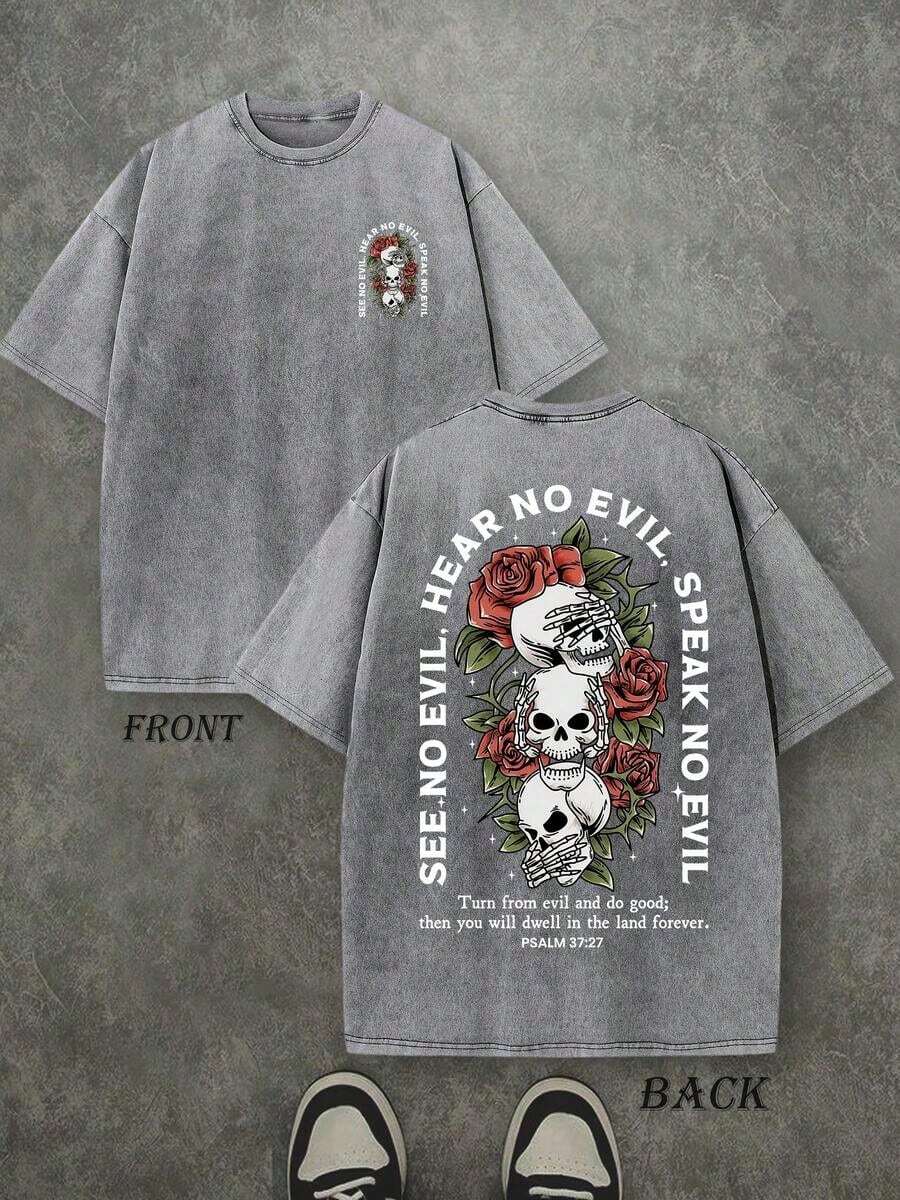 Retro Washed T-Shirt With Double-Sided Print (230g Pure Cotton T-Shirt) With 'SEE NO EVIL, HEAR NO EVIL, SPEAK NO EVIL' Letter Print And Pattern (Psalm), Christian Gift, Men's T-Shirt, Casual, Comfortable, Fashionable, Urban Cotton Style - 灰色 - 查看 1