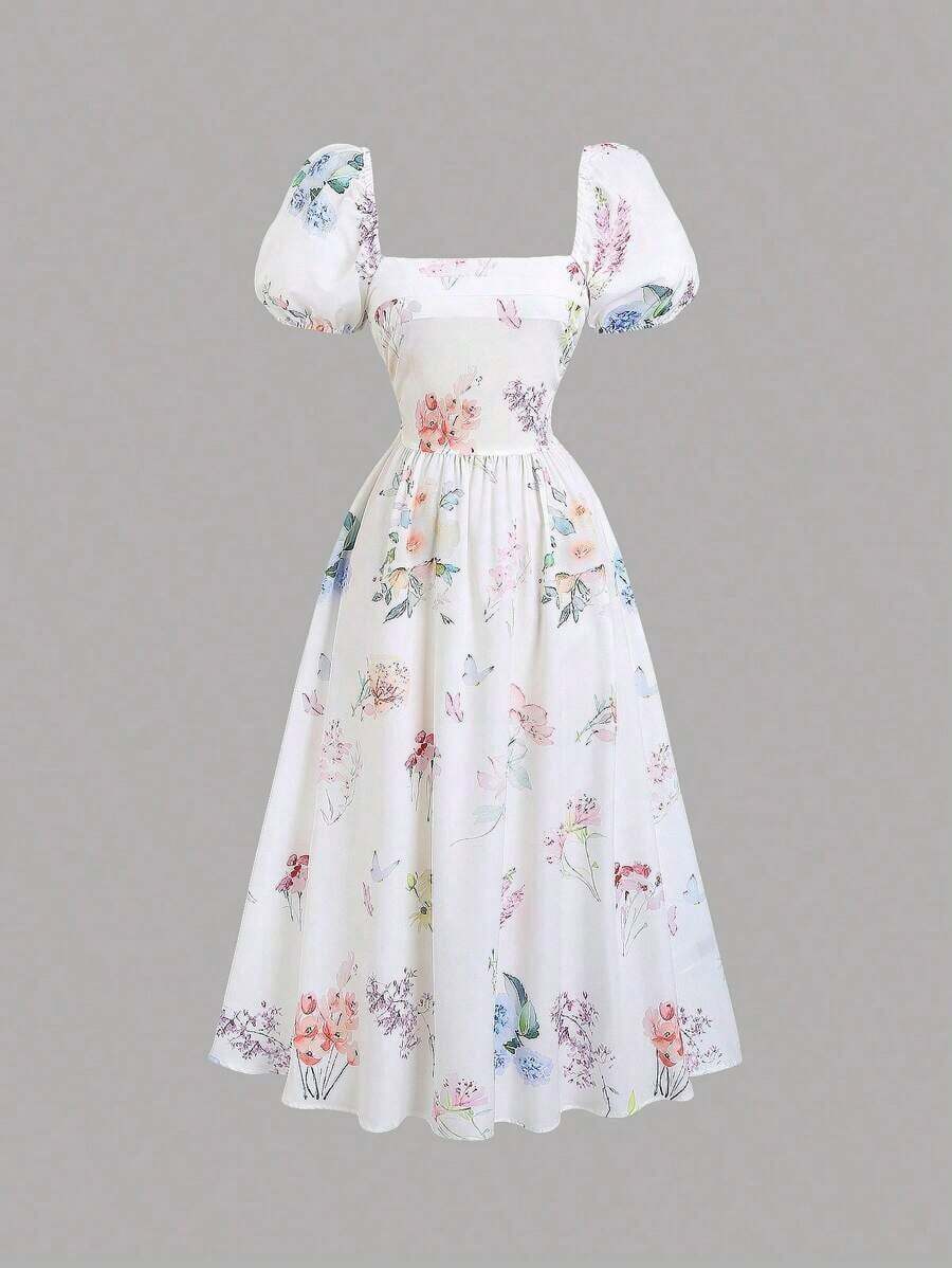 xheSweetra Vestido de verano estilo francés, vestido largo blanco de alta calidad y lujo con elegante estampado floral de magnolia ditsy para damasxhe - Multicolor 2 - Ver 1