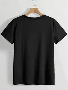 1 camiseta de cuello redondo con estampado de hadas marinas, camiseta de cuello redondo estampada a la moda, camiseta de manga corta para primavera/verano, top de mujer 180g 100% algodón. - Negro - Ver 5