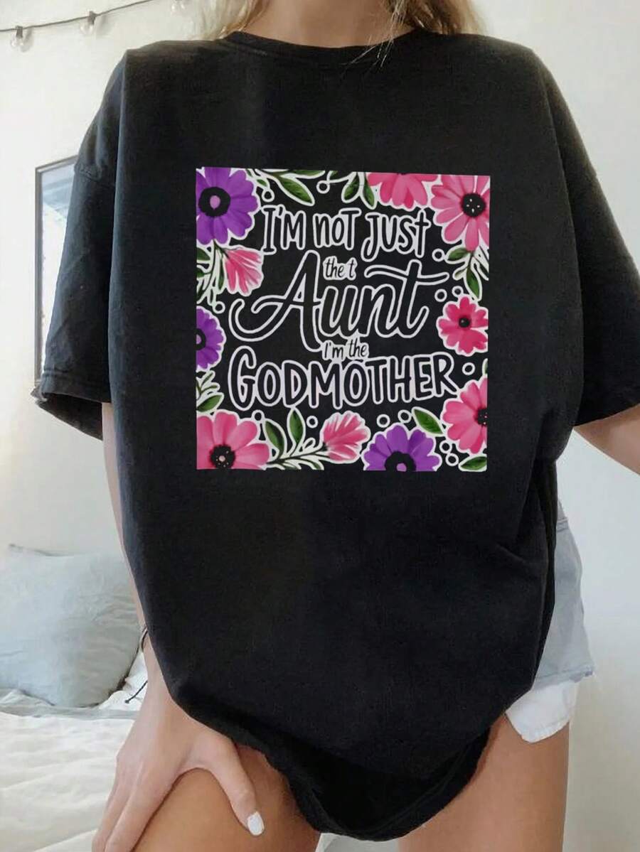 Women's Summer Fashion Short Sleeve T-Shirt Casual Outdoor Fashion T-Shirt 'Letters And Flowers' Print Loose Casual Women's T-Shirt - 黑色 - 查看 1