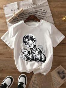 Casual Short Sleeve T-Shirt With Round Neck And Gothic Raccoon And Moon Print, Women's Summer Top, Breathable And Comfortable - White - View 1