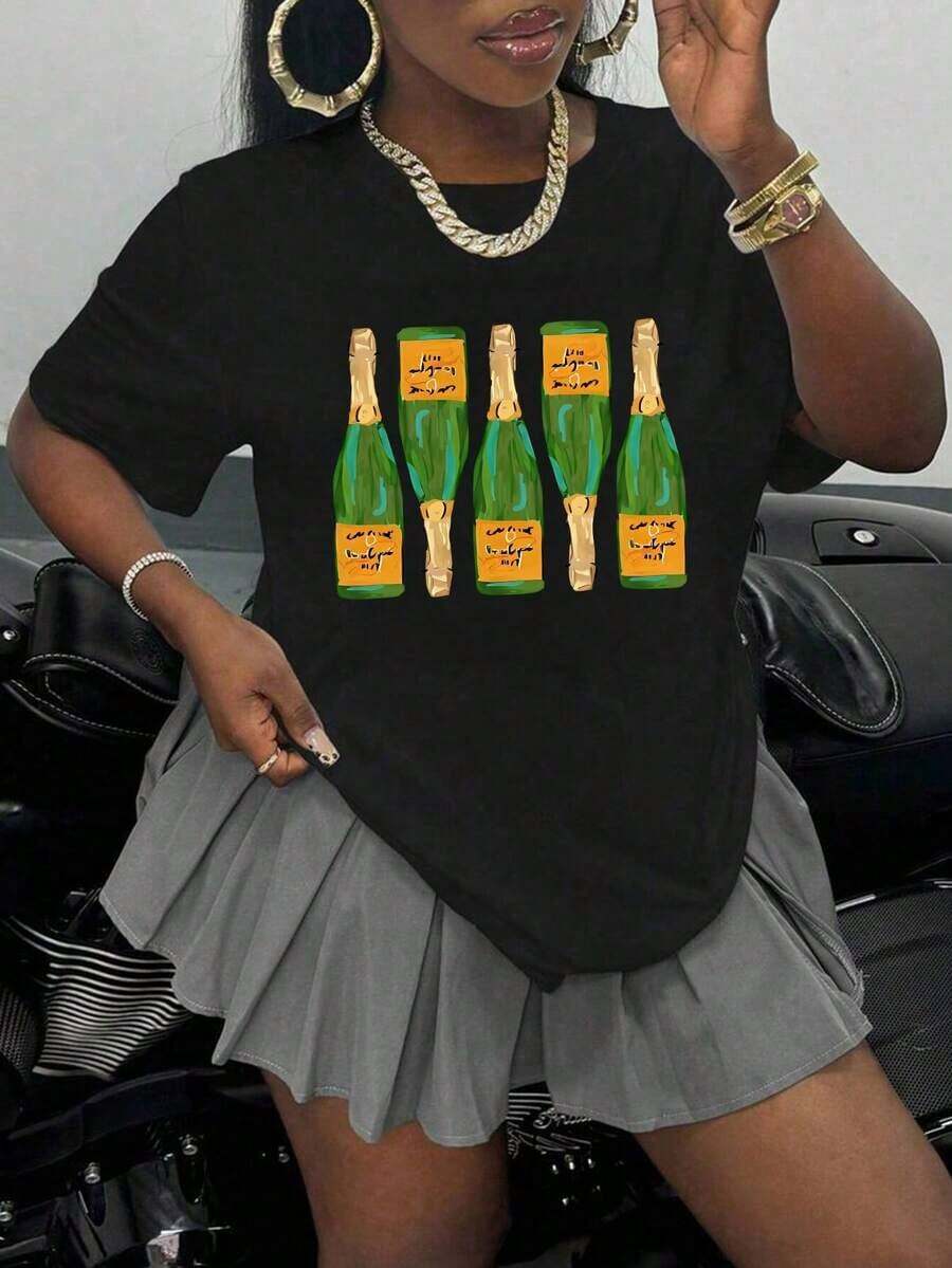 Champagne Graphic Print Summer T-Shirt, Short Sleeve, Round Neck, Casual Top For Women For Summer And Spring, Breathable And Comfortable Women's Clothing - 黑色 - 查看 1