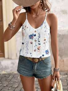 Blusa de tirantes finos con estampado floral para mujer, escote en V con botones delanteros, tela ligera y transpirable, perfecta para uso diario, salidas casuales, brunch, compras y vacaciones - Blanco - Ver 4