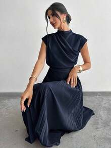 Vestido de línea A con cuello de swing sin mangas y volantes, falda paraguas, para volver al colegio, ropa escolar, fiesta, estilo de mujer de dinero antiguo, atuendos para salir, atuendos de fiesta para mujer, atuendos de oficina para mujer, fald - Azul marino - Ver 1