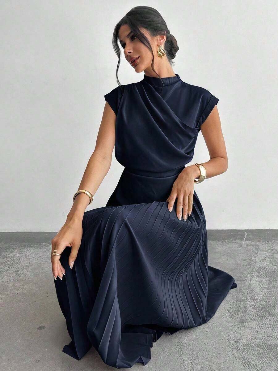 Vestido de línea A con cuello de swing sin mangas y volantes, falda paraguas, para volver al colegio, ropa escolar, fiesta, estilo de mujer de dinero antiguo, atuendos para salir, atuendos de fiesta para mujer, atuendos de oficina para mujer, fald - Azul marino - Ver 1