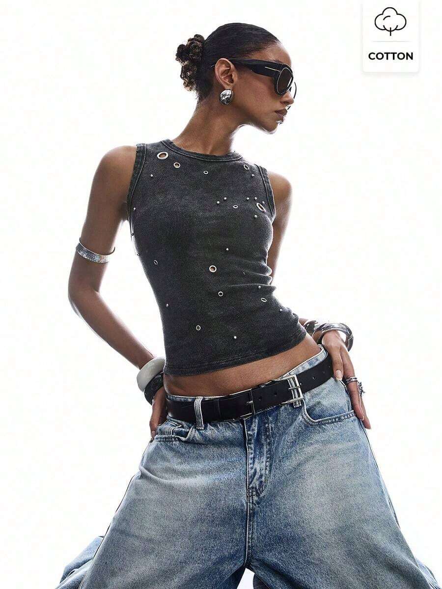 Camiseta de mujer con tachuelas, adecuada para citas, festivales de música, fiestas - Negro 2 - Ver 1