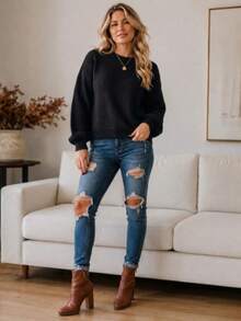Women's Blouse Puff Sleeve Thick Round Neck Winter Knit - 黑色 - 查看 6