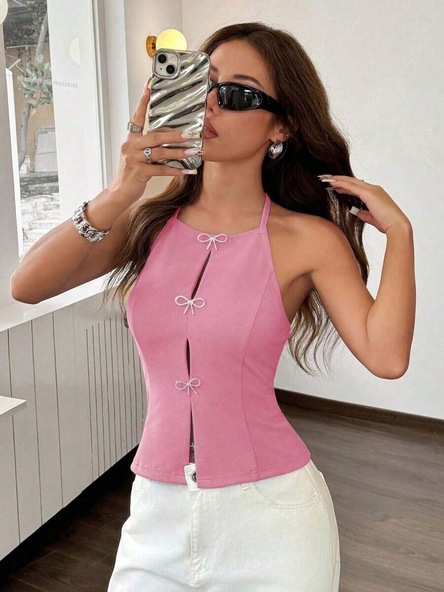 Top de tirantes de corte regular y unicolor sin mangas y escote trasero para mujer - Rosa - Ver 1