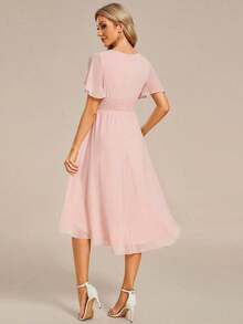 Vestido de dama de honor de gasa con pliegues y mangas con volantes, vestido de noche elegante para invitados de boda en primavera - Rosa Pálido - Ver 2