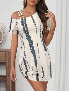 Vestido corto de manga corta casual para mujer, básico para salidas diarias, con nudo en el bajo, para primavera/verano - Multicolor - Ver 4