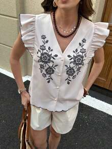 Clasi Blusa blanca elegante y casual con cuello en V, mangas con volantes, falso bordado y estampado floral, adecuada para primavera/verano - Albaricoque 3 - Ver 3