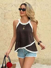 Frenchy Blusa de diseño sencillo con cuello redondo y ribete de contraste sin mangas, Parte superior sin mangas con diseño de ribete de color block y bajo asimétrico, Tela de textura de lino slub, Camiseta sin tirantes envolvente de cuello halter de nicho versátil, Blusa blanca, Fresca y artística, Para vacaciones de verano, Elegante blusa de mujer, Parte superior para dama de honor, Parte superior para fiesta - Marrón - Ver 7