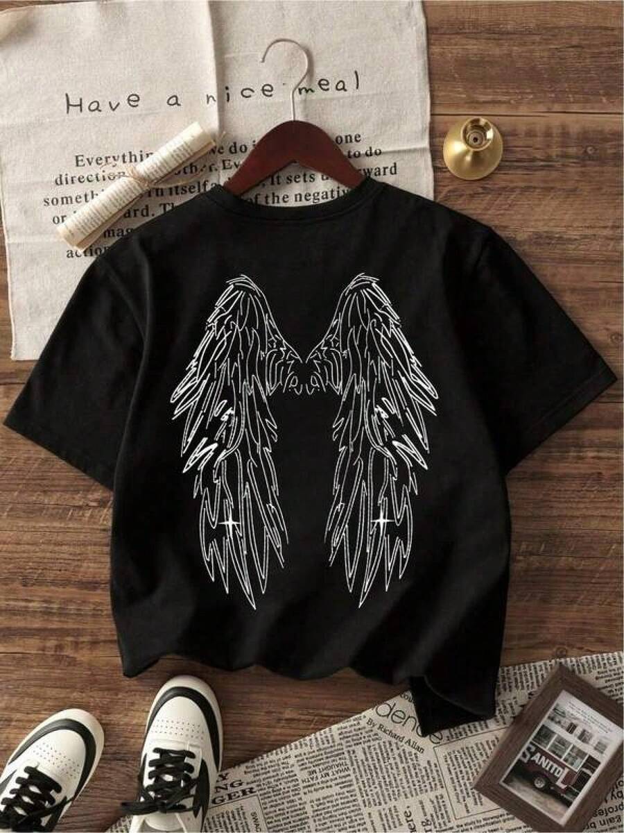 2026 new Camisetas Para Mujer Camiseta única alas estilo gráfico casual urbano moderna ligera para hombres y mujeres talla S-M-L-XL color negro moda juvenil - Negro - Ver 1