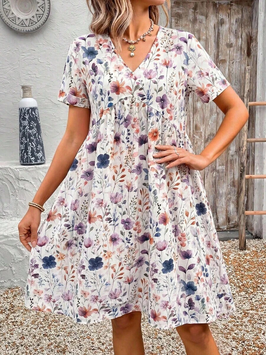 Vestido corto de manga corta minimalista de unicolor para mujer, uso casual de todos los días - Multicolor - Ver 1