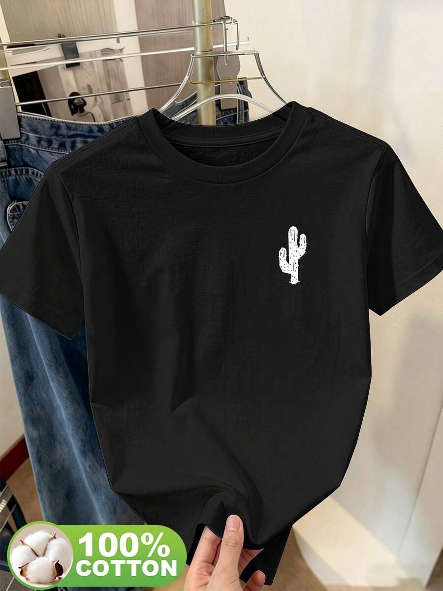 Camiseta de manga corta con cuello redondo y estampado de silueta de cactus fácil de usar, minimalista y elegante, moderna y transpirable, ideal para salidas diarias, ir al campus, picnics y más, se puede usar sola o en capas, combinada con prendas de abrigo - Negro - Ver 1