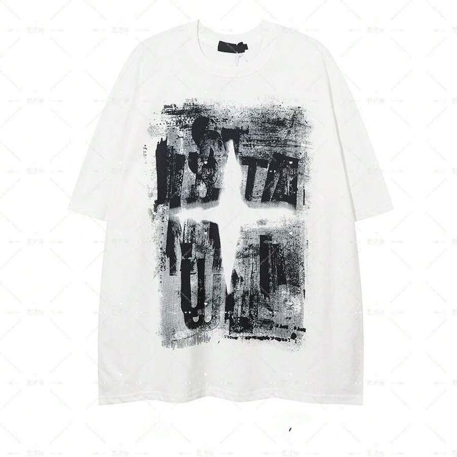 Unisex Pure Cotton T-Shirt With Cross Print, American Hip Hop Style, Summer Short Sleeve, European And American Heavyweight T-Shirt - 黑色 - 查看 1